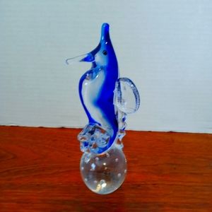 Cobalt Seahorse Glass Art Deco 7 inches Tall Blue and Clear 